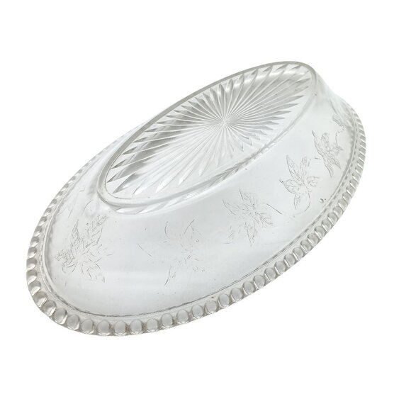 Vintage Oval Glass Serving Dish With Floral Etching & Beaded Rim - Picture 3 of 5